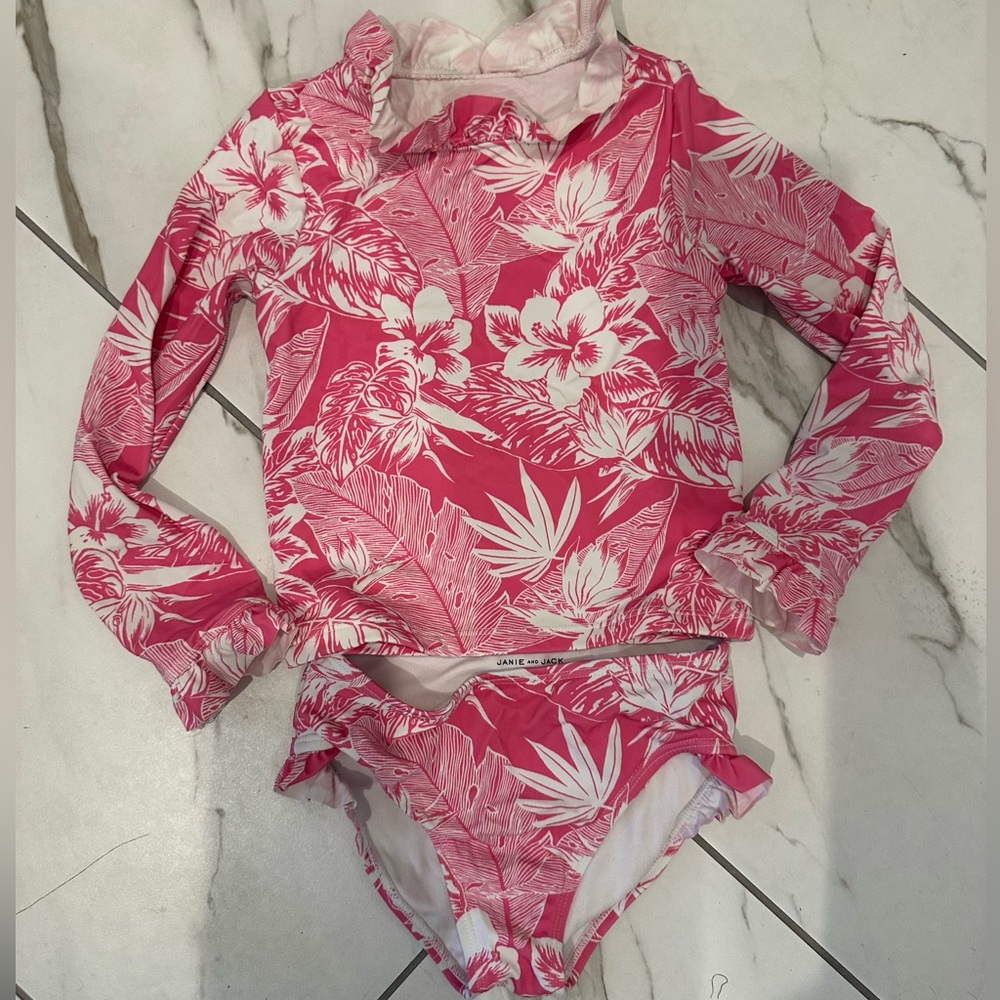 Janie & Jack Pink Floral Rash Guard Swim Set with Ruffles